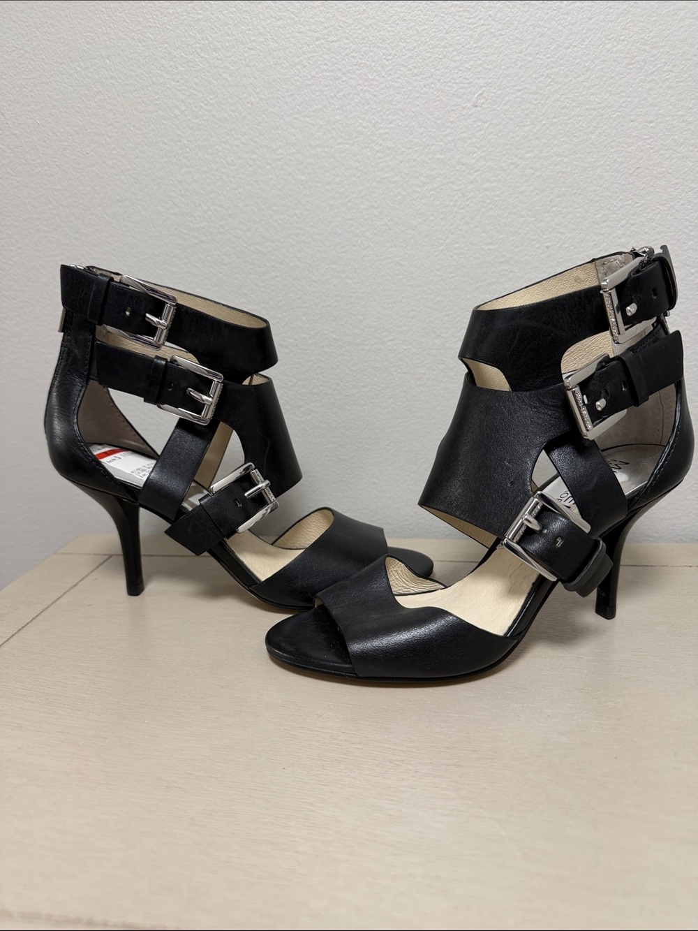 Michael Kors Lucinda Black Leather Moto Buckle Gladiator Heels Stiletto 5M Y2K